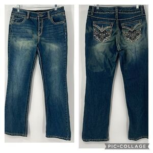 Nine West Womens 32x31 Boot Cut Embroidered Rhinestones Bling Blue Jeans Size 10